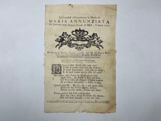Celebrandosi solennemente le glorie di Maria Annunziata da' Studenti delle Regie Scuole di Bra l'anno 1750